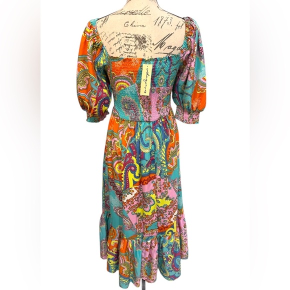 Wishing Waves Vibrant Orange and Blue Paisley Tiered Maxi Sundress Size Medium - Picture 6 of 7